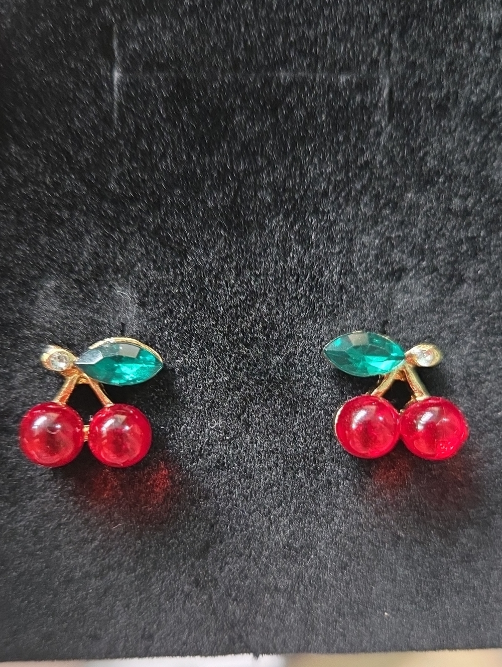 Gold-Tone Cherry Stud Earrings with Red Crystals and Green Leaf